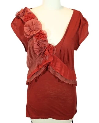 Blusa DELETTA ANTHOROPOLGIE Popham Beach manga com babado tamanho M malha de algodão - Imagem 1 de 4