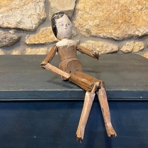 Antique Wooden Peg Articulated Girl Doll Carved Jointed Grodnertal German 19th C - Picture 1 of 11