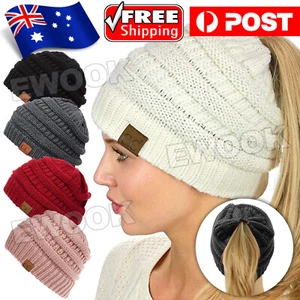 Women Tail Messy Soft Beanie Bun Hat Ponytail Stretchy Knitted Crochet Skull OZ - Picture 1 of 14