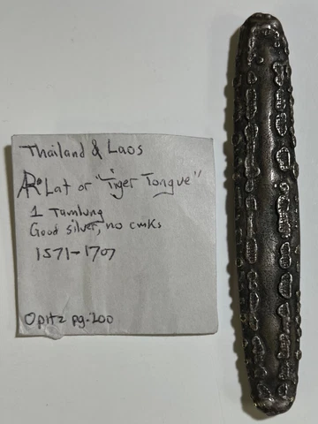 1571-1707 Thailand Laos Silver Tiger Tongue 1 Tamlung Lat Bar 69.02 grams Cover