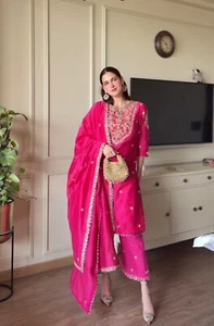 Conjunto de traje rosa listo para usar Salwar Kameez paquistaní ropa de boda Kurta Palazzo - Imagen 1 de 8