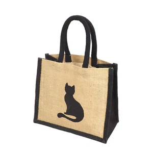 Jute Hessian Lunch Gift Black Trim Bag Shopper - Printed Cat Silhouette Motif - Picture 1 of 4