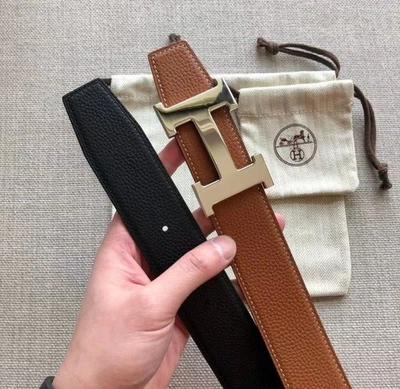 Men Hermes belt Size 40/100 black/brown reversible leather silver H buckle - Image 1 of 4