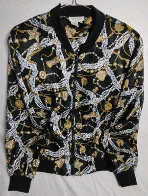 Chaqueta Bomber Vintage Años 80 Papell Too Estampado Novedad Cremallera Negra Mediana  Foto 1 de 4