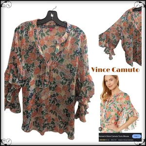 Sheer VINCE CAMUTO Floral All Over Print Flowing Blouse Lightweight Women's XL - Picture 1 of 8