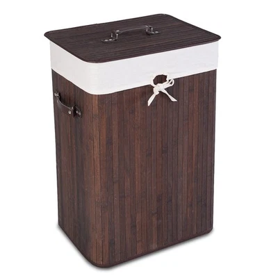 Costway Rectangle Bamboo Hamper Laundry Basket Washing Cloth Bin Lid Brown - Image 1 of 4