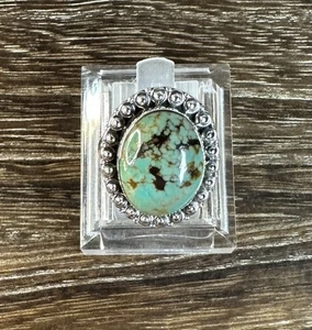 Native Southwest Sterling Silver Kingman Turquoise Oval Beaded Edge Ring Sz 6.5 - Picture 1 of 9