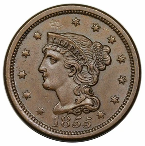 1855 Braided Hair Large Cent, Slanted 55, N-10, "12 Star" die state, ex Grellman - Picture 1 of 3
