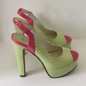 JUST FABULOUS Platform Pink Green White Striped Peep Toe 5.5 Inch Heels Size 6 - Picture 1 of 7
