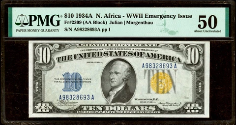 1934A North Africa Silver Certificate $10 Note A/A Block PMG AU50 Fr#2309 Cover