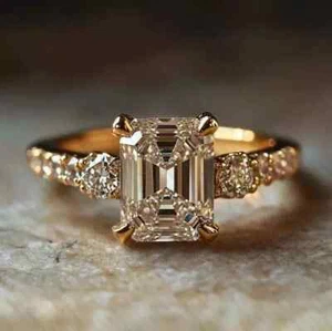 Echter Moissanit-Damenehering 3 kt Smaragdschliff 14 kt Gelbgold vergoldet - Bild 1 von 7