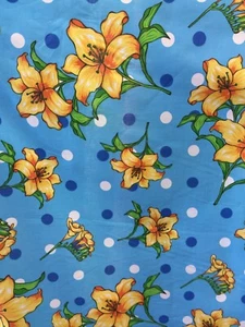 Turquoise Polycotton Print Fabric Yellow Lily Flowers and white and blue circles - Picture 1 of 3