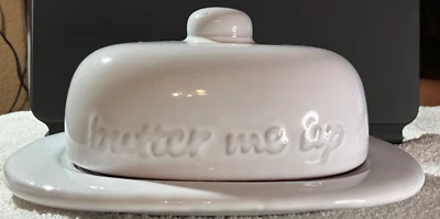 White Covered “butter me up”  Dish by Creative Co-op - Pottery - Image 1 of 4