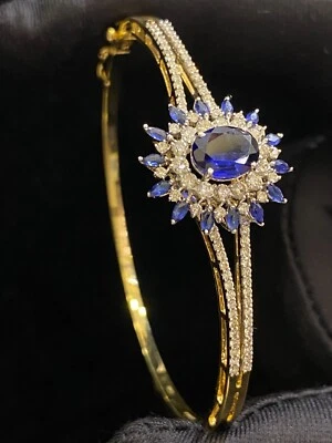 Pave 3,46 Cts Runde Brilliant Cut Diamanten Saphir Armreif Armband In 14K Gold - Bild 1 von 4