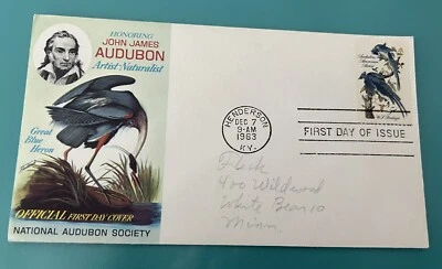 Estampilla en portada de primer día de 1963 de pájaro garza azul gran John James Audubon en honor Foto 1 de 2