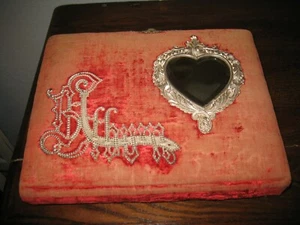 1800's Antique Victorian Photo Album with Beveled Heart Mirror & Kickstand 38 Pi - Picture 1 of 12