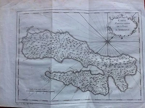CARTA ISOLE AMBOINE INDONESIA ARCIPELAGO MOLUQUES ASIA acquaforte 1760 BELLIN - Imagen 1 de 2