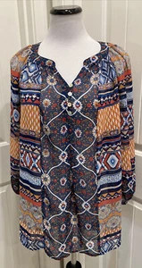 Fig & Flower Boho Blouse SZ 1X Colorful Floral Print Button V Neck Semi Sheer - Picture 1 of 12