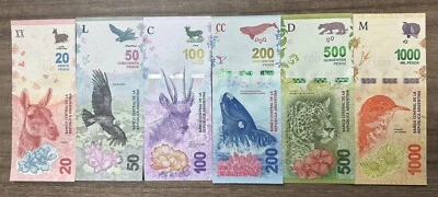 Argentina 20 50 100 200 500 1000 Pesos 6 Piezas JUEGO NUEVO, 2016-2019 Billete UNC Foto 1 de 3