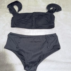 Albion Women's Dainty Ruffle Strap Bella Crop Bikini Top And Bottom Black Medium - Picture 1 of 9