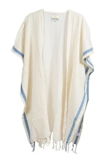 Rays For Days Cocoa Cabana Kimono Cover Up Wrap Blue Crm Fringed Beach Swim NWT - Picture 1 of 7