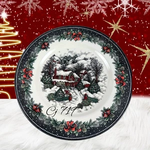 (4) ROYAL STAFFORD CHRISTMAS VILLAGE COZY COTTAGE DINNER PLATES 11" HOLLY BORDER - Picture 1 of 6