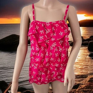 Y2K Ruffled Babydoll Top M Cami Romantic Fairy Coquette Pink White Bow Print - Picture 1 of 20