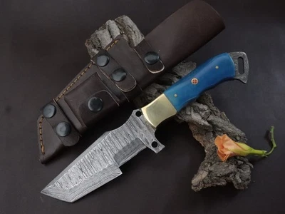 CUSTOM MADE HAND FORGED DAMASCUS STEEL HUNTING TRACKER KNIFE W SHEATH TR=05 - Image 1 of 3