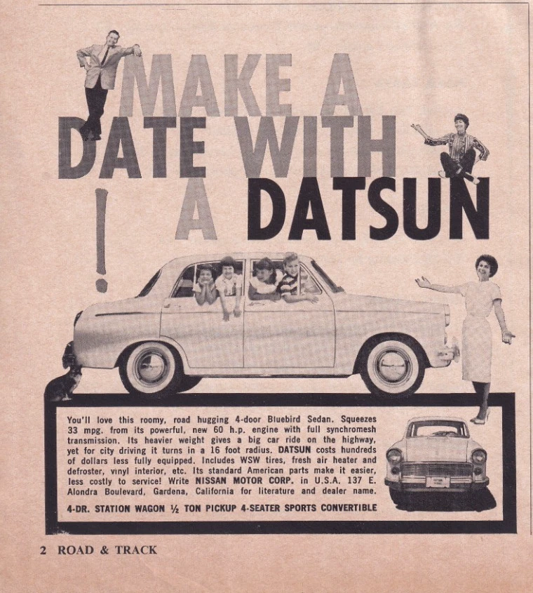 Datsun Bluebird 1961 sedán anuncio impreso deportivo 5"x6" Nissan Foto 1 de 1