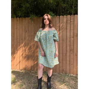 Vintage 70s Handmade Blue Sunflower Off-Shoulder Shift Dress, M - Picture 1 of 7