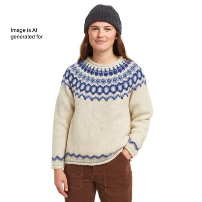 Suéter grueso de colección L.L.Bean lana nórdica Fair Isle yugo azul blanco tejido años 80 para mujer Foto 1 de 4