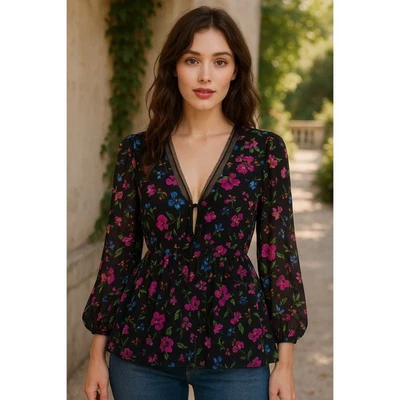 Blusa floral Nicole Miller para mujer 2X oscura romántica femenina boho caprichosa Foto 1 de 4