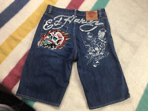 Ed Hardy Embroidered Skull Mens Jean Shorts Size 36