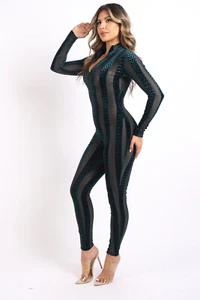 Women's Sexy Striped Velvet Bodycon Jumpsuit Zipped Long Sleeve Party Clubwear - Picture 1 of 25