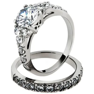 2.50 Ct Round Cut CZ Silver Stainless Steel Wedding Ring Set Women's Size 5-10 - Picture 1 of 5