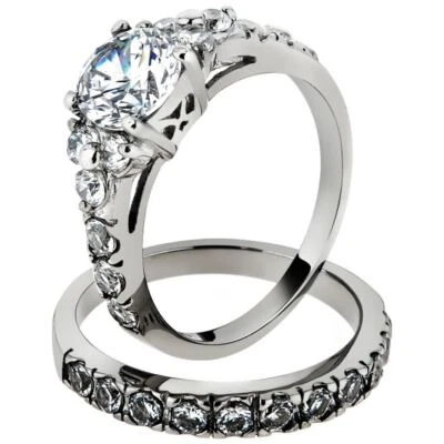 2.50 Ct Round Cut CZ Silver Stainless Steel Wedding Ring Set Women's Size 5-10 - Image 1 of 4