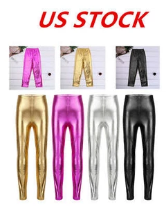 US Girls Metallic Sports Legging Ballet Gym Dance Pants Kids Performance Costume - Picture 1 of 15