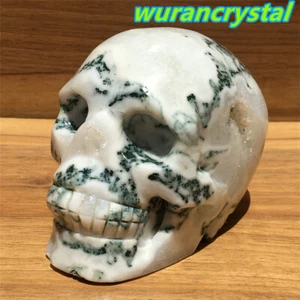 4.4" Natural Aquatic agate Geode Skull Quartz Crystal Carved Reiki healing WR01 - Picture 1 of 11