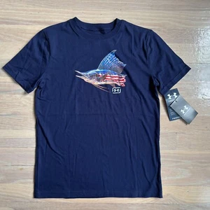 Boys blue under armour fishing american flag logo tshirt size medium nwt - Picture 1 of 1