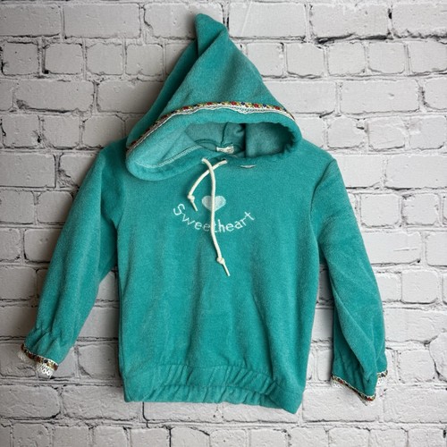 VALENTINO Felpa con cappuccio vintage orsacchiotti ragazze dolcevita pizzo orlo floreale verde acqua taglia 24 Mos