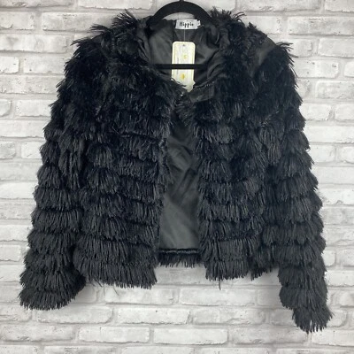 Military Hippie Womens Black Feather Fringed Jacket Cover Up New With Tags Sz L - Image 1 of 3