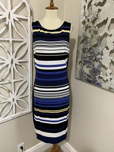WHITE HOUSE BLACK MARKET size 10 STRIPE V BACK STRETCH SLEEVELESS SHEATH DRESS - Picture 1 of 6