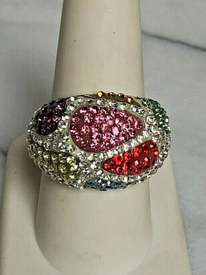 STUNNING LARGE MULTI-COLORED GEMS 925 STERLING SILVER DOME RING BAND SIZE 9 - Image 1 of 4