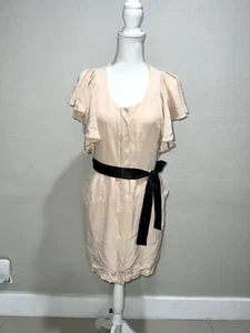 Club Monaco Silk Beige Belted Ruffle Sleeve Dress Women Size 4 - Picture 1 of 11