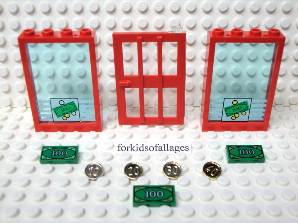 Lego City: Bank 1x4x5 Windows & Red Door Plus $100 Dollar Bill Tiles & Coins - Image 1 of 1