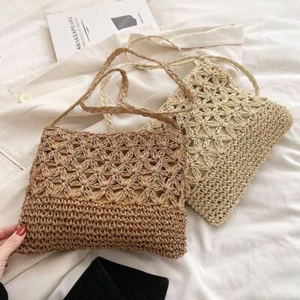 Square Woven Bag Handmade Shoulder Crossbody Bag Knitted Straw Handbags Women - Picture 1 of 12