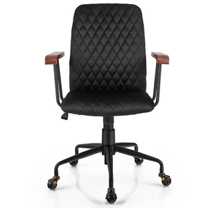 Swivel Adjustable Task Chair Velvet Home Office Chair w/ Wooden Armrest Black - Picture 1 of 8