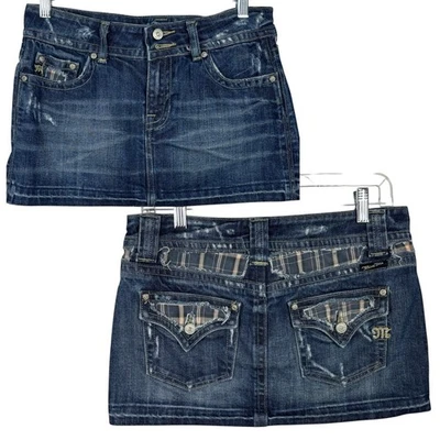 Minifalda Miss Me Azul Denim Micro Bolsillos a Cuadros Envejecido Jean Y2K Talla M Oeste Foto 1 de 4