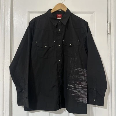 FW04 Vintage Oakley Skull Matrix Work Button Up Shirt Poem Writing Men’s Large - Image 1 of 4