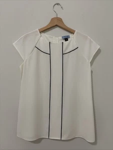 Cynthia Rowley White Black Seam Trim Stretch Cap Sleeve Blouse Top Sz S - Picture 1 of 9